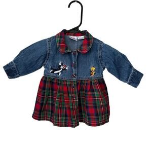 ACME Baby Dress Embroidered Tweety Bird Sylvester Size 6 Denim Plaid‎ Tartan 90s
